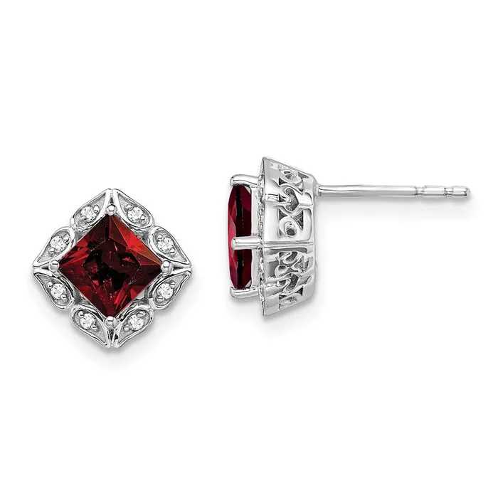 Goldia Earrings 14k White Gold Square Garnet and Real Diamond Earrings