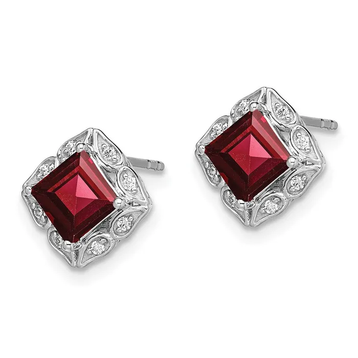 Goldia Earrings 14k White Gold Square Garnet and Real Diamond Earrings