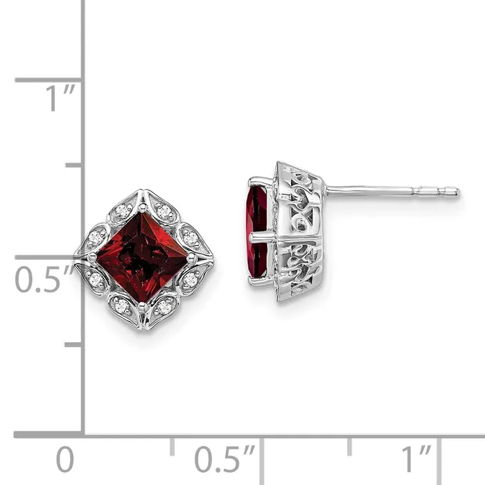 Goldia Earrings 14k White Gold Square Garnet and Real Diamond Earrings