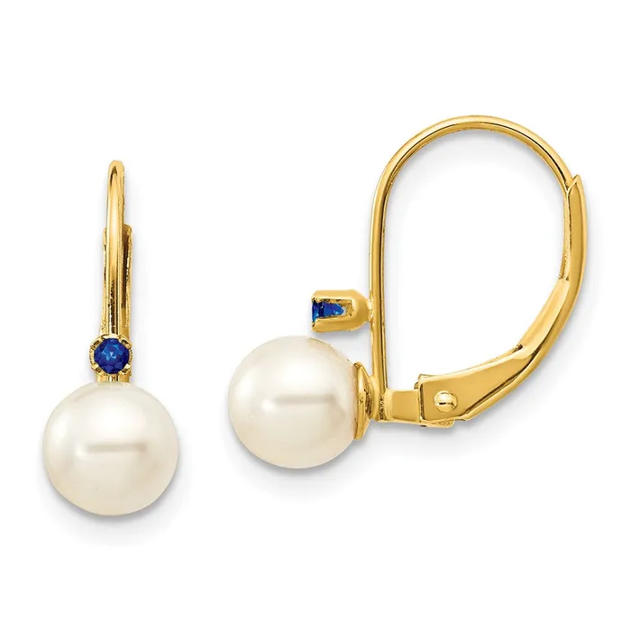 Goldia Earrings 14k Yellow Gold 555mm White Round FW Cultured Pearl Sapphire Leverback Earrings