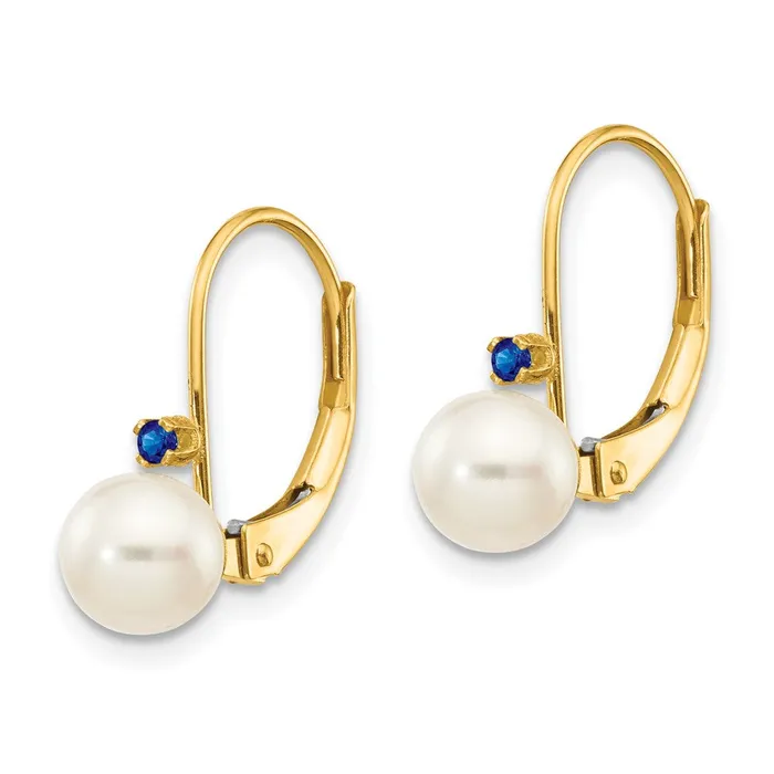 Goldia Earrings 14k Yellow Gold 555mm White Round FW Cultured Pearl Sapphire Leverback Earrings