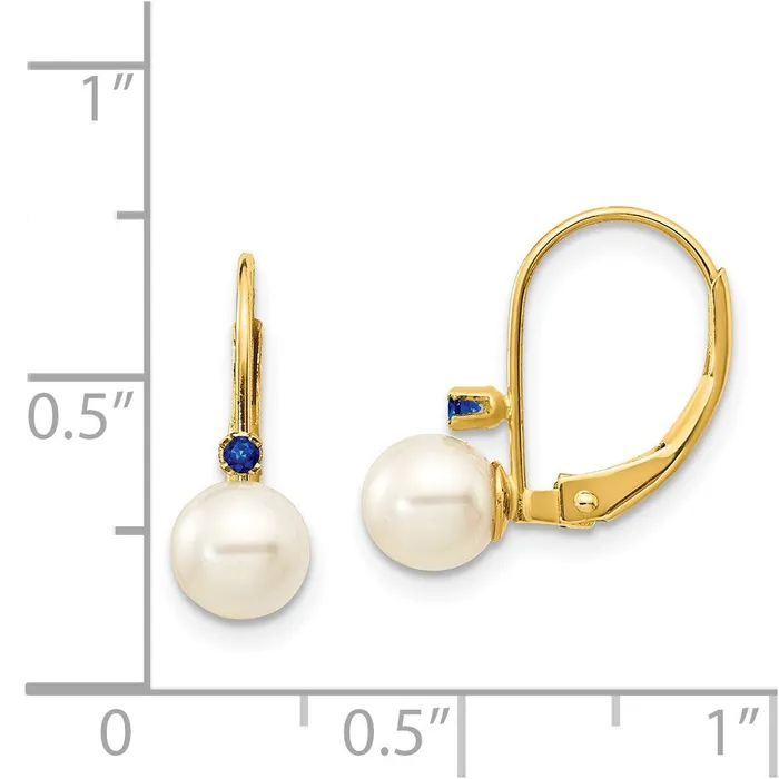 Goldia Earrings 14k Yellow Gold 555mm White Round FW Cultured Pearl Sapphire Leverback Earrings