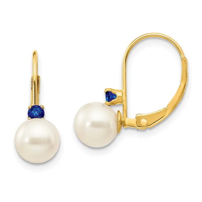 Goldia Earrings 14k Yellow Gold 665mm White Round FW Cultured Pearl Sapphire Leverback Earrings