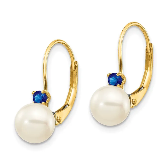 Goldia Earrings 14k Yellow Gold 665mm White Round FW Cultured Pearl Sapphire Leverback Earrings