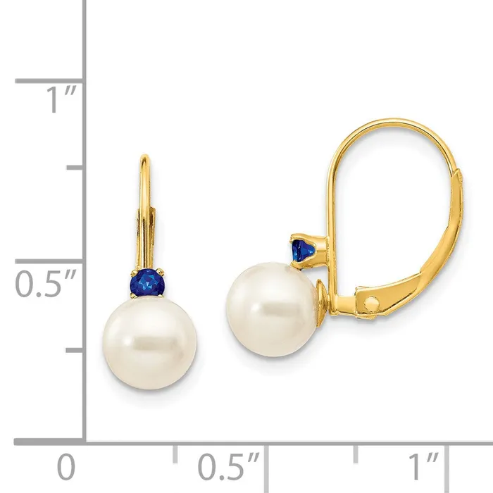 Goldia Earrings 14k Yellow Gold 665mm White Round FW Cultured Pearl Sapphire Leverback Earrings