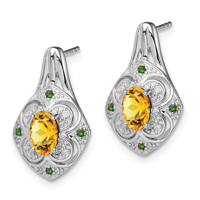 Goldia Earrings Sterling Silver Rhodium Wht u0026 Green Diamond u0026 Citrine Oval Post Earrings