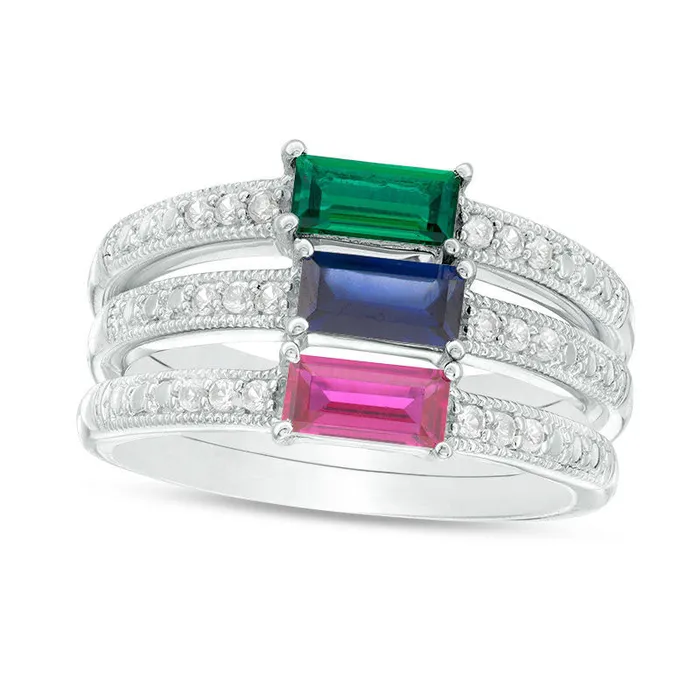 Goldia LabCreated MultiGemstone and White Sapphire Antique VintageStyle Stackable Three Ring Set in Sterling Silver Rings Goldia LabCreated MultiGemstone and White Sapphire Antique VintageStyle Stackable Three Ring Set in Sterling Silver Rings