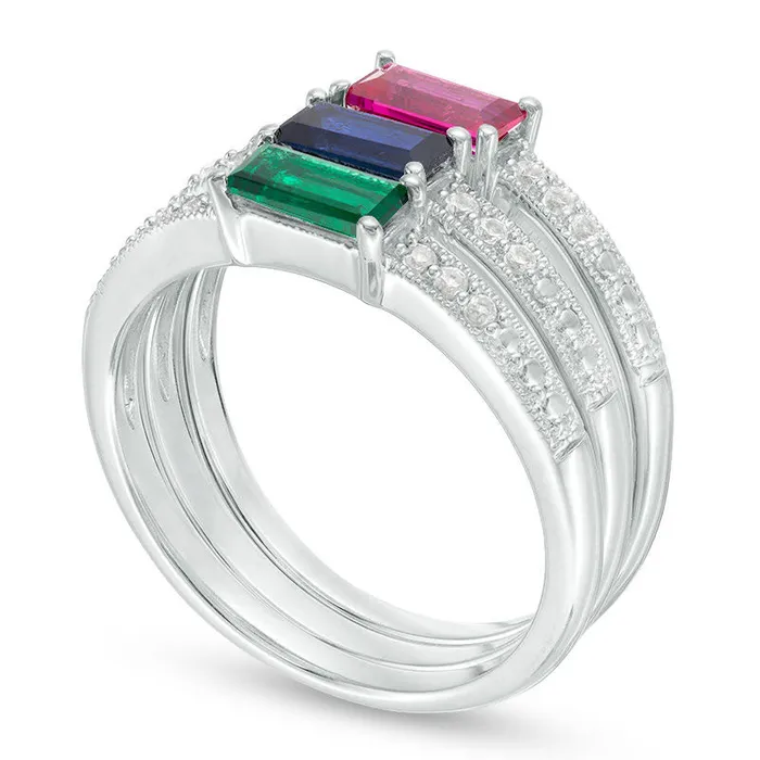 Goldia LabCreated MultiGemstone and White Sapphire Antique VintageStyle Stackable Three Ring Set in Sterling Silver Rings Goldia LabCreated MultiGemstone and White Sapphire Antique VintageStyle Stackable Three Ring Set in Sterling Silver Rings