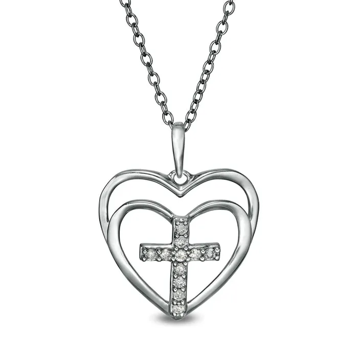 Goldia Necklaces 01 CT TW Natural Diamond Cross in Double Hearts Pendant in Sterling Silver Goldia Necklaces 01 CT TW Natural Diamond Cross in Double Hearts Pendant in Sterling Silver