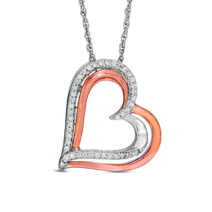Goldia Necklaces 01 CT TW Natural Diamond Tilted Overlay Double Heart Pendant in Sterling Silver and 10K Rose Gold Goldia Necklaces 01 CT TW Natural Diamond Tilted Overlay Double Heart Pendant in Sterling Silver and 10K Rose Gold