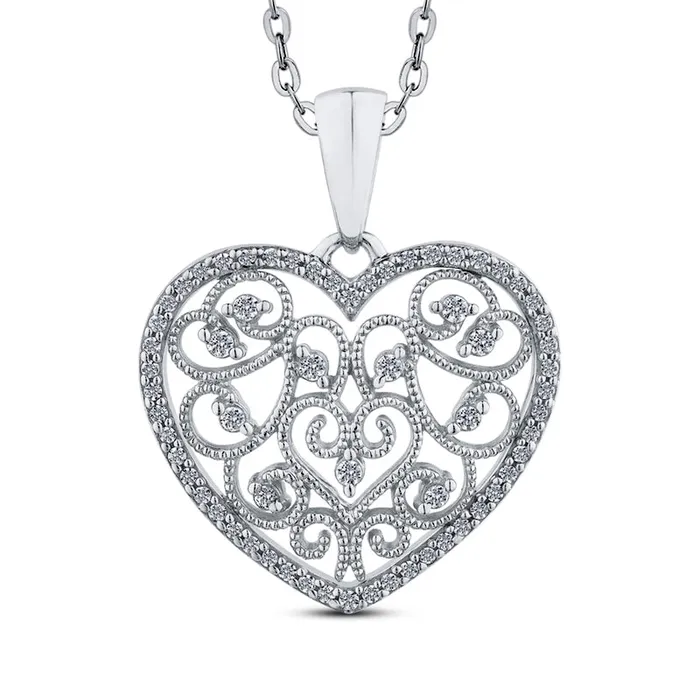 Goldia Necklaces 025 CT TW Natural Diamond Ornate Heart Antique VintageStyle Pendant in 10K White Gold Goldia Necklaces 025 CT TW Natural Diamond Ornate Heart Antique VintageStyle Pendant in 10K White Gold