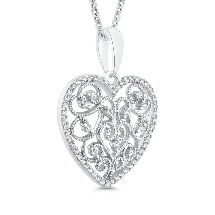 Goldia Necklaces 025 CT TW Natural Diamond Ornate Heart Antique VintageStyle Pendant in 10K White Gold Goldia Necklaces 025 CT TW Natural Diamond Ornate Heart Antique VintageStyle Pendant in 10K White Gold