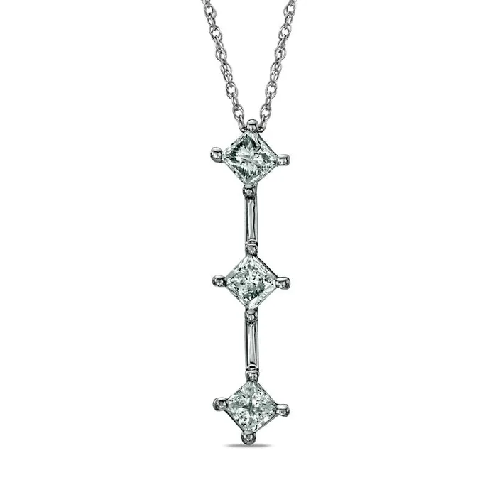 Goldia Necklaces 1 CT TW PrincessCut Natural Diamond Three Stone Stick Pendant in 14K White Gold
