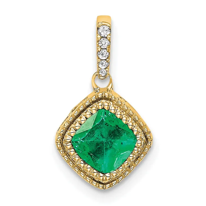 Goldia Necklaces 14K Yellow Gold Cushion Emerald and Real Diamond Pendant