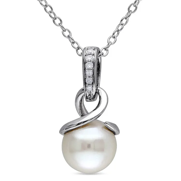 Goldia Necklaces 80 85mm Cultured Freshwater Pearl and Natural Diamond Accent Loop Pendant in Sterling Silver Goldia Necklaces 80 85mm Cultured Freshwater Pearl and Natural Diamond Accent Loop Pendant in Sterling Silver