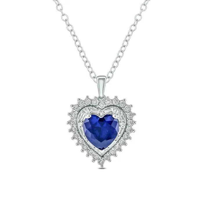 Goldia Necklaces 80mm LabCreated Blue Sapphire and 02 CT TW Diamond Starburst Double Frame Heart Pendant in Sterling Silver Goldia Necklaces 80mm LabCreated Blue Sapphire and 02 CT TW Diamond Starburst Double Frame Heart Pendant in Sterling Silver