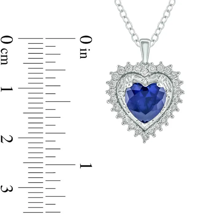 Goldia Necklaces 80mm LabCreated Blue Sapphire and 02 CT TW Diamond Starburst Double Frame Heart Pendant in Sterling Silver Goldia Necklaces 80mm LabCreated Blue Sapphire and 02 CT TW Diamond Starburst Double Frame Heart Pendant in Sterling Silver