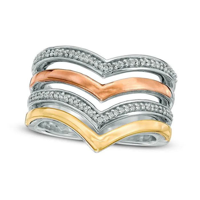 Goldia Rings 020 CT TW Natural Diamond MultiRow Chevron Ring in Sterling Silver and Solid 10K TwoTone Gold