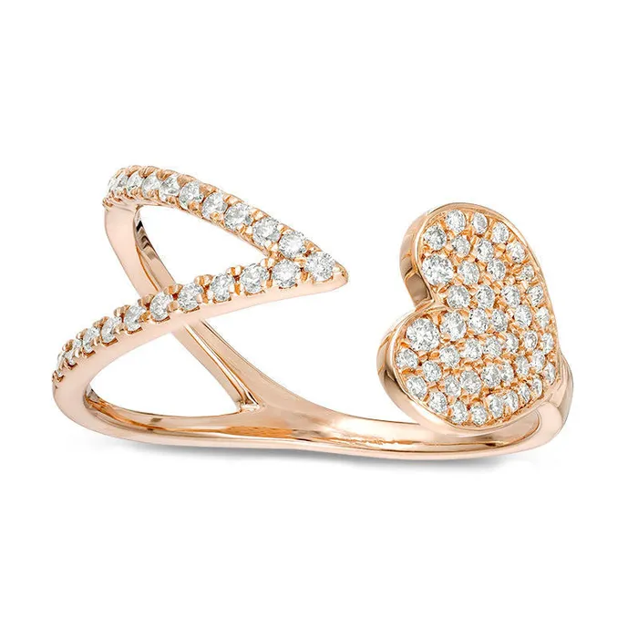 Goldia Rings 033 CT TW Natural Diamond Sideways Heart and Chevron Adjustable Open Ring in Solid 10K Rose Gold Goldia Rings 033 CT TW Natural Diamond Sideways Heart and Chevron Adjustable Open Ring in Solid 10K Rose Gold