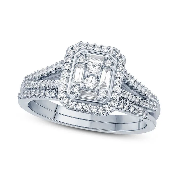 Goldia Rings 038 CT TW Composite Natural Diamond Rectangle Frame Split Shank Bridal Engagement Ring Set in Solid 10K White Gold Goldia Rings 038 CT TW Composite Natural Diamond Rectangle Frame Split Shank Bridal Engagement Ring Set in Solid 10K White Gold