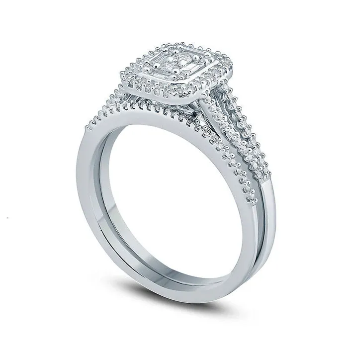 Goldia Rings 038 CT TW Composite Natural Diamond Rectangle Frame Split Shank Bridal Engagement Ring Set in Solid 10K White Gold Goldia Rings 038 CT TW Composite Natural Diamond Rectangle Frame Split Shank Bridal Engagement Ring Set in Solid 10K White Gold