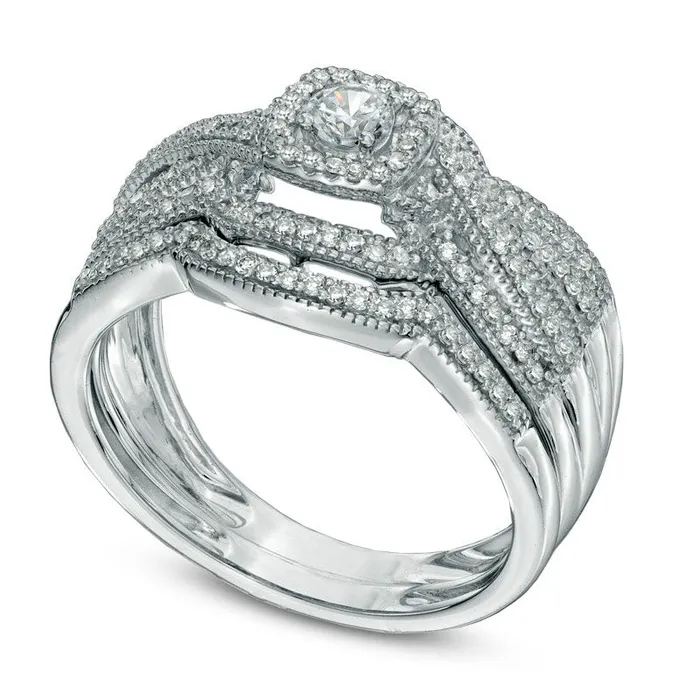 Goldia Rings 050 CT TW Natural Diamond Layered Antique VintageStyle Frame Bridal Engagement Ring Set in Solid 14K White Gold Goldia Rings 050 CT TW Natural Diamond Layered Antique VintageStyle Frame Bridal Engagement Ring Set in Solid 14K White Gold