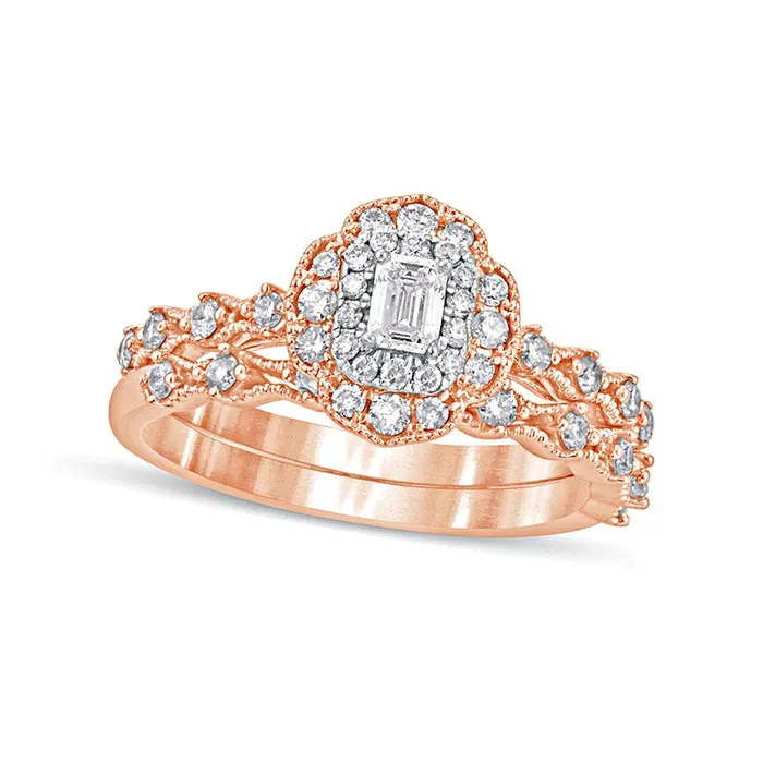 Goldia Rings 063 CT TW EmeraldCut Natural Diamond Frame Antique VintageStyle Bridal Engagement Ring Set in Solid 10K Rose Gold Goldia Rings 063 CT TW EmeraldCut Natural Diamond Frame Antique VintageStyle Bridal Engagement Ring Set in Solid 10K Rose Gold