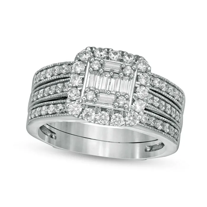 Goldia Rings 10 CT TW Baguette and Round Natural Diamond Cushion Frame Bridal Engagement Ring Set in Solid 14K White Gold Goldia Rings 10 CT TW Baguette and Round Natural Diamond Cushion Frame Bridal Engagement Ring Set in Solid 14K White Gold