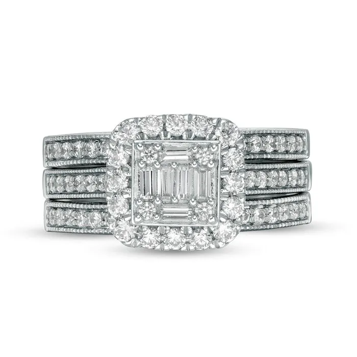 Goldia Rings 10 CT TW Baguette and Round Natural Diamond Cushion Frame Bridal Engagement Ring Set in Solid 14K White Gold Goldia Rings 10 CT TW Baguette and Round Natural Diamond Cushion Frame Bridal Engagement Ring Set in Solid 14K White Gold