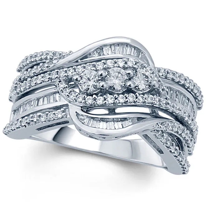 Goldia Rings 10 CT TW Natural Diamond Three Stone Layered Crossover Ring in Solid 10K White Gold Goldia Rings 10 CT TW Natural Diamond Three Stone Layered Crossover Ring in Solid 10K White Gold