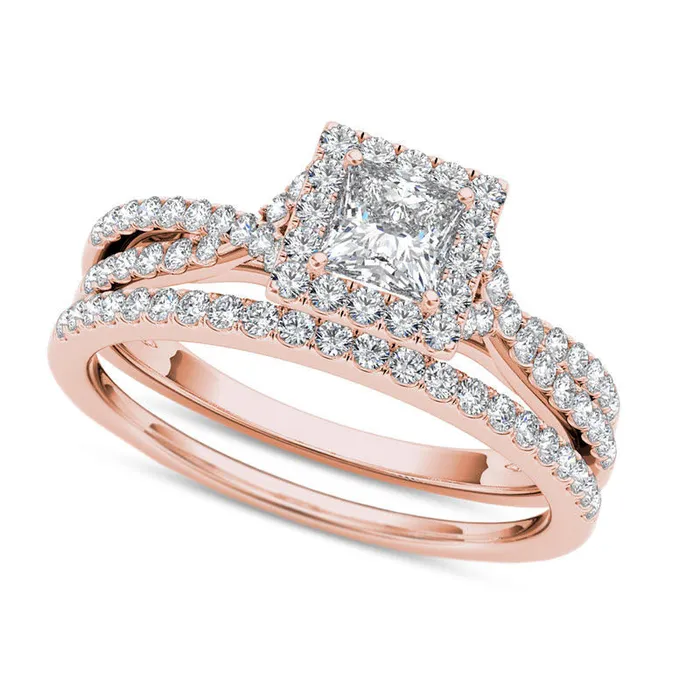 Goldia Rings 10 CT TW PrincessCut Natural Diamond Frame Twist Bridal Engagement Ring Set in Solid 14K Rose Gold Goldia Rings 10 CT TW PrincessCut Natural Diamond Frame Twist Bridal Engagement Ring Set in Solid 14K Rose Gold