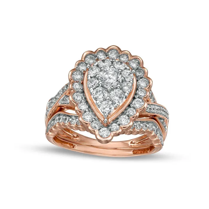 Goldia Rings 138 CT TW Composite PearShaped Natural Diamond Frame Scallop Edge Bridal Engagement Ring Set in Solid 10K Rose Gold Goldia Rings 138 CT TW Composite PearShaped Natural Diamond Frame Scallop Edge Bridal Engagement Ring Set in Solid 10K Rose Gold