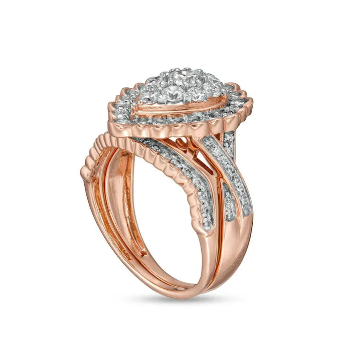 Goldia Rings 138 CT TW Composite PearShaped Natural Diamond Frame Scallop Edge Bridal Engagement Ring Set in Solid 10K Rose Gold Goldia Rings 138 CT TW Composite PearShaped Natural Diamond Frame Scallop Edge Bridal Engagement Ring Set in Solid 10K Rose Gold