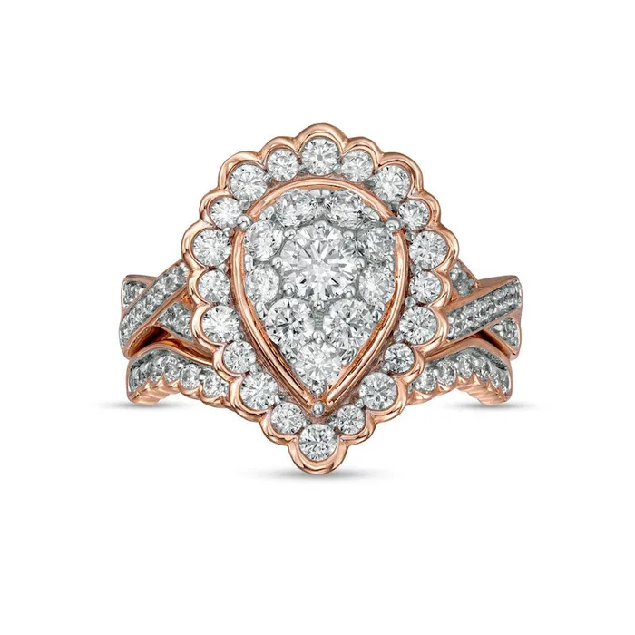 Goldia Rings 138 CT TW Composite PearShaped Natural Diamond Frame Scallop Edge Bridal Engagement Ring Set in Solid 10K Rose Gold Goldia Rings 138 CT TW Composite PearShaped Natural Diamond Frame Scallop Edge Bridal Engagement Ring Set in Solid 10K Rose Gold