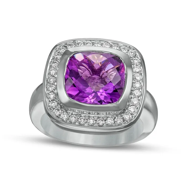 Goldia Rings 100mm CushionCut Amethyst and 038 CT TW Natural Diamond Frame Ring in Solid 14K White Gold Goldia Rings 100mm CushionCut Amethyst and 038 CT TW Natural Diamond Frame Ring in Solid 14K White Gold