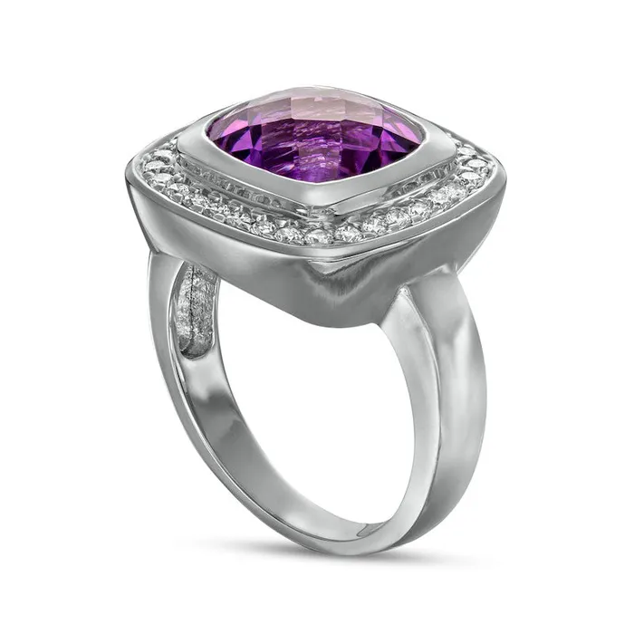 Goldia Rings 100mm CushionCut Amethyst and 038 CT TW Natural Diamond Frame Ring in Solid 14K White Gold Goldia Rings 100mm CushionCut Amethyst and 038 CT TW Natural Diamond Frame Ring in Solid 14K White Gold