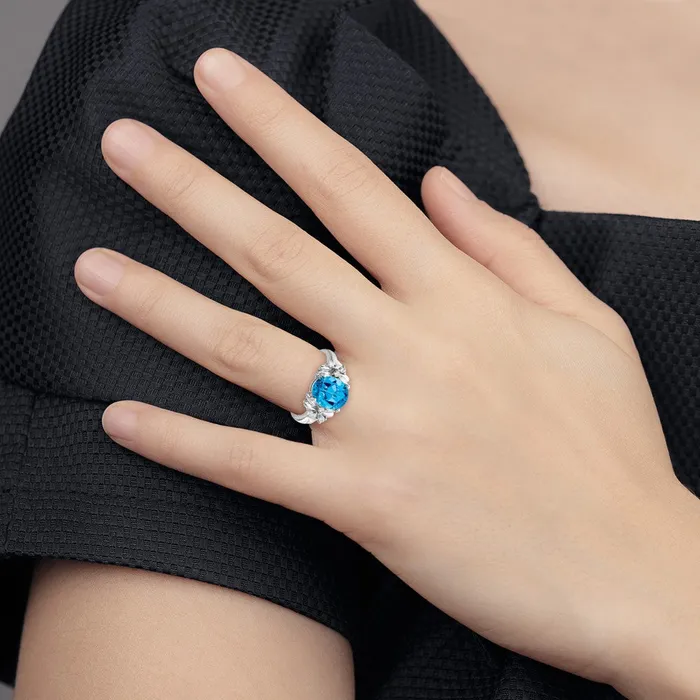 Goldia Rings 14k White Gold 10x8mm Oval Blue Topaz Checker VS Diamond ring