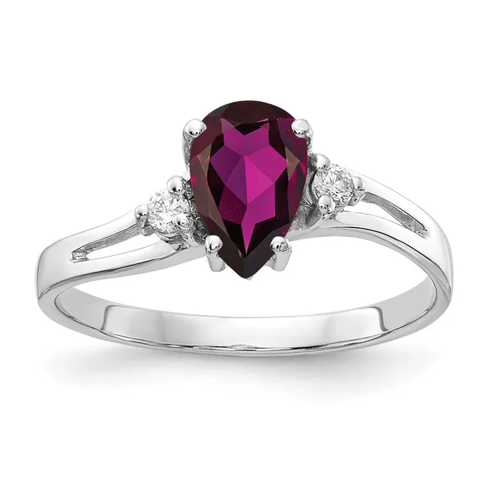 Goldia Rings 14k White Gold 7x5mm Pear Rhodolite Garnet AA Diamond ring