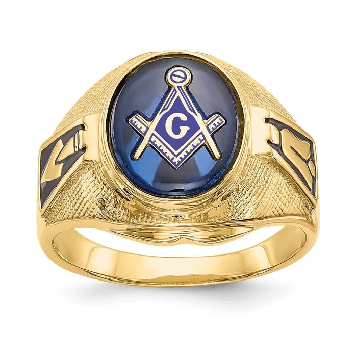 Goldia Rings 14k Yellow Gold Mens Polished Antiqued and Textured with Synthetic Blue Spinel Masonic Ring Goldia Rings 14k Yellow Gold Mens Polished Antiqued and Textured with Synthetic Blue Spinel Masonic Ring