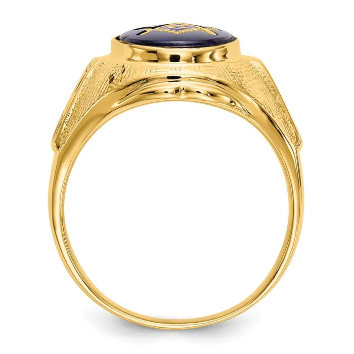 Goldia Rings 14k Yellow Gold Mens Polished Antiqued and Textured with Synthetic Blue Spinel Masonic Ring