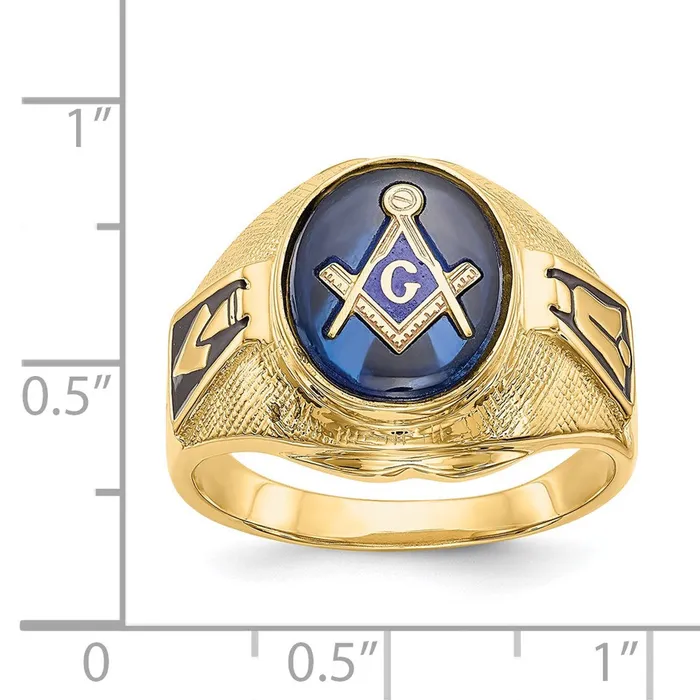 Goldia Rings 14k Yellow Gold Mens Polished Antiqued and Textured with Synthetic Blue Spinel Masonic Ring