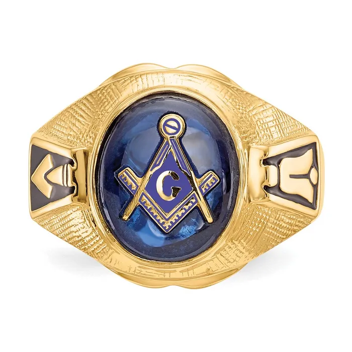 Goldia Rings 14k Yellow Gold Mens Polished Antiqued and Textured with Synthetic Blue Spinel Masonic Ring