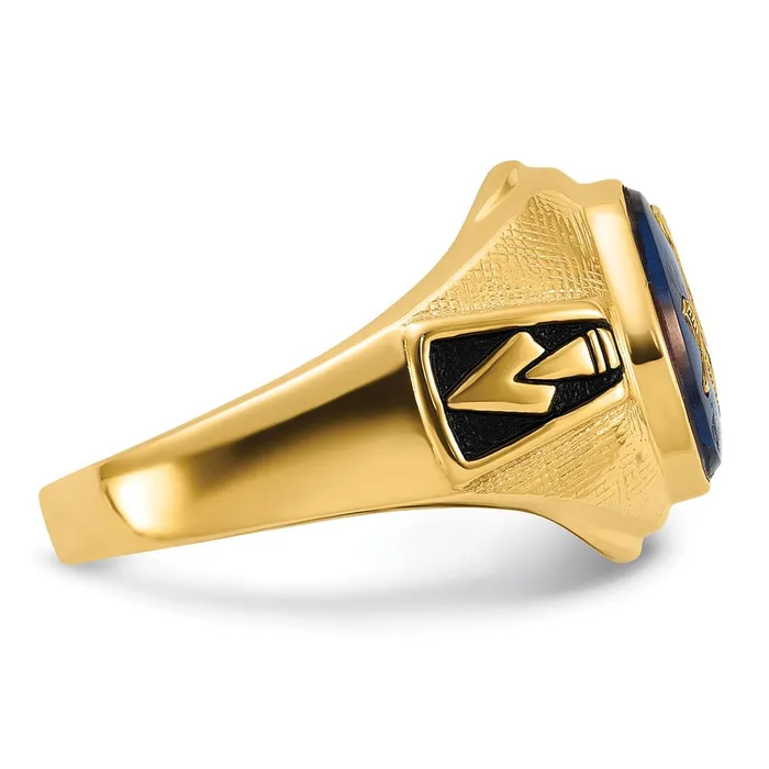 Goldia Rings 14k Yellow Gold Mens Polished Antiqued and Textured with Synthetic Blue Spinel Masonic Ring