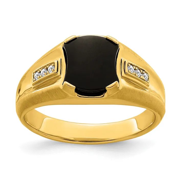 Goldia Rings 14K Yellow Gold Onyx and Real Diamond Mens Ring