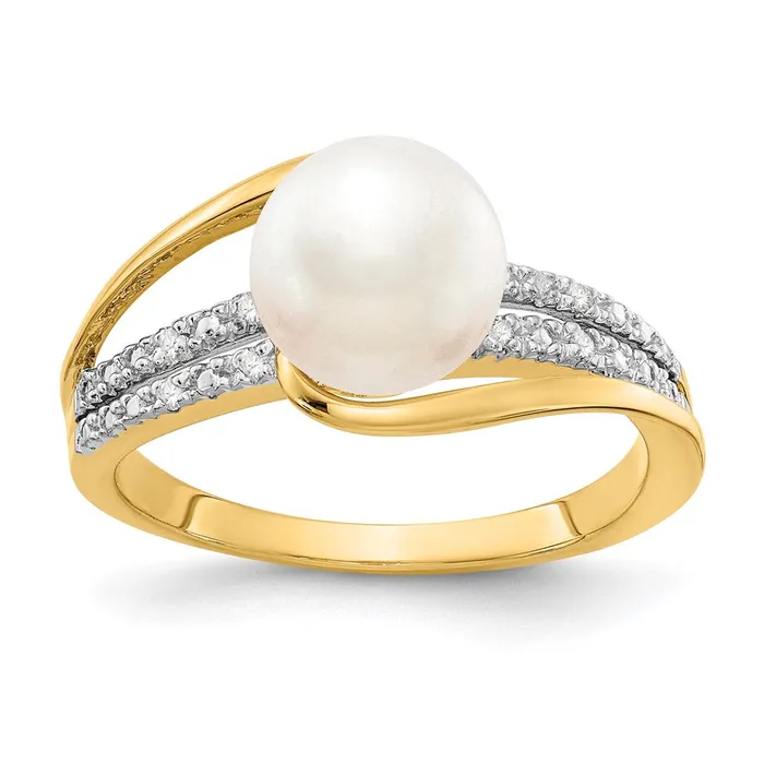 Goldia Rings 14K Yellow Gold Real Diamond and FW Cultured Pearl Ring