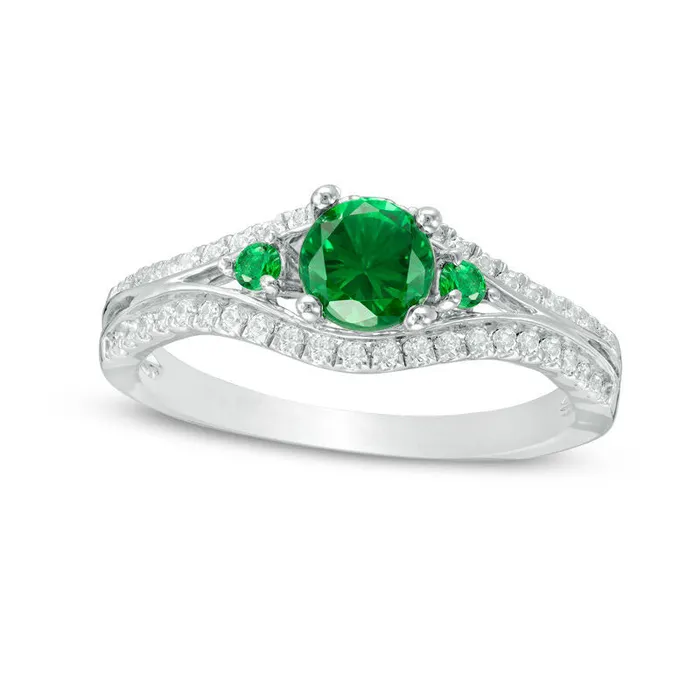 Goldia Rings 50mm LabCreated Emerald and 025 CT TW Diamond Split Shank Engagement Ring in Sterling Silver Goldia Rings 50mm LabCreated Emerald and 025 CT TW Diamond Split Shank Engagement Ring in Sterling Silver