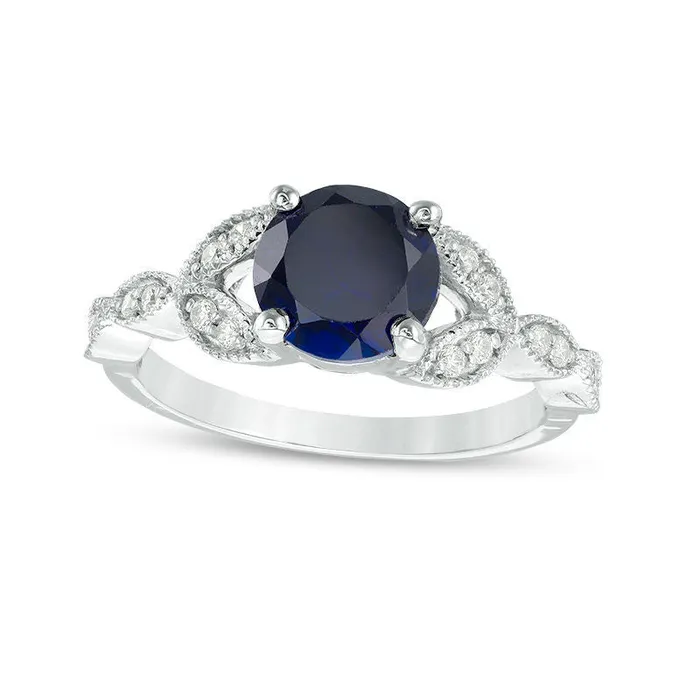 Goldia Rings 70mm LabCreated Blue Sapphire and 017 CT TW Diamond Antique VintageStyle Petals Engagement Ring in Solid 10K White Gold Goldia Rings 70mm LabCreated Blue Sapphire and 017 CT TW Diamond Antique VintageStyle Petals Engagement Ring in Solid 10K White Gold