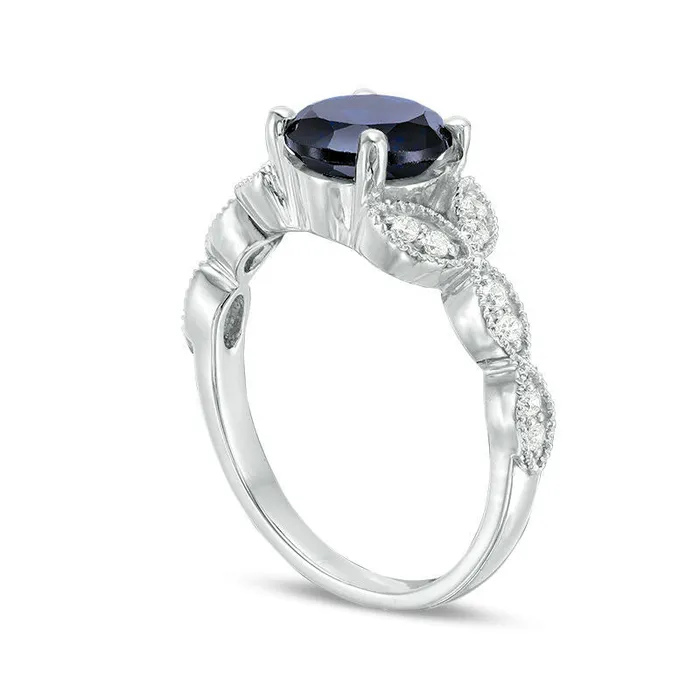Goldia Rings 70mm LabCreated Blue Sapphire and 017 CT TW Diamond Antique VintageStyle Petals Engagement Ring in Solid 10K White Gold Goldia Rings 70mm LabCreated Blue Sapphire and 017 CT TW Diamond Antique VintageStyle Petals Engagement Ring in Solid 10K White Gold