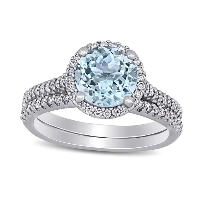 Goldia Rings 80mm Aquamarine and 033 CT TW Natural Diamond Frame Bridal Engagement Ring Set in Solid 14K White Gold Goldia Rings 80mm Aquamarine and 033 CT TW Natural Diamond Frame Bridal Engagement Ring Set in Solid 14K White Gold