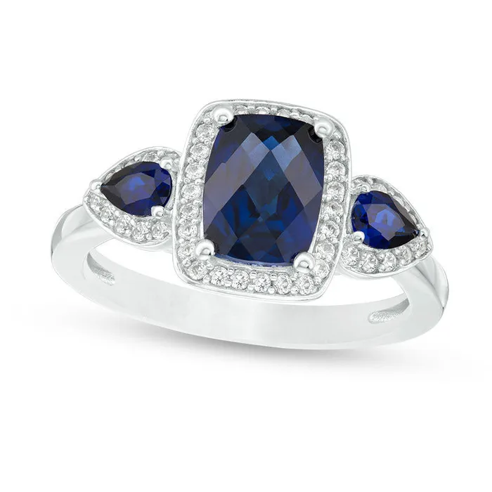 Goldia Rings CushionCut LabCreated Blue and White Sapphire Three Stone Frame Ring in Sterling Silver Goldia Rings CushionCut LabCreated Blue and White Sapphire Three Stone Frame Ring in Sterling Silver
